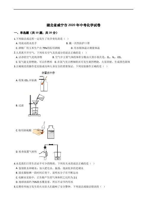 湖北省咸宁市2020年中考化学试卷精编解析版