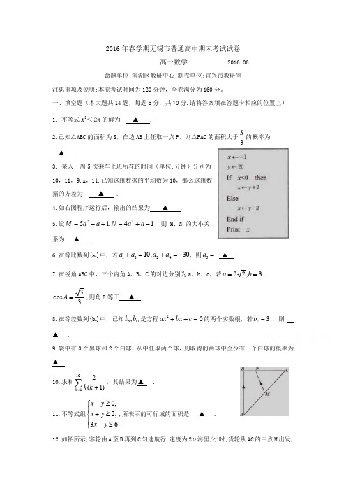 江苏省无锡市2015-2016学年高一下学期期末考试  数学  Word版(含答案)