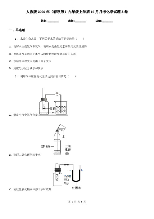 人教版2020年(春秋版)九年级上学期12月月考化学试题A卷