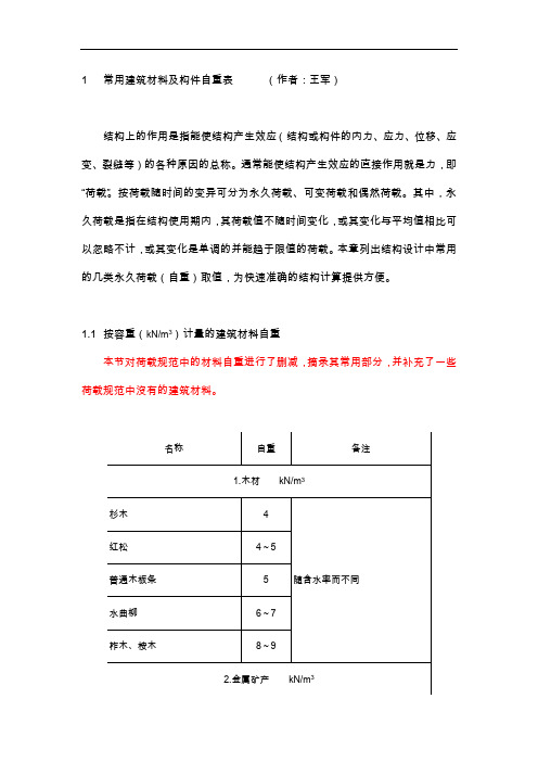 常用建筑墙体楼面材料自重表2014模板