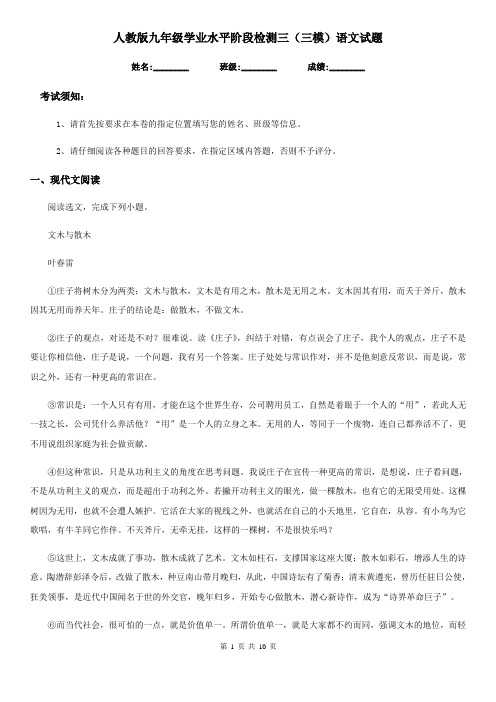 人教版九年级学业水平阶段检测三(三模)语文试题