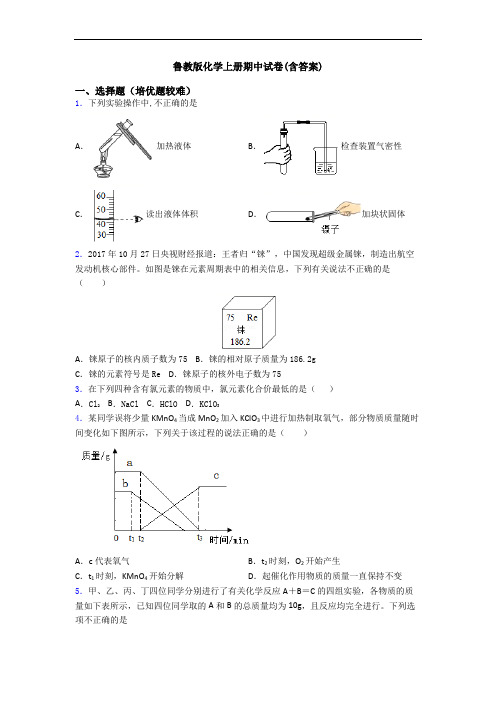 鲁教版初三化学上册期中试卷(含答案)