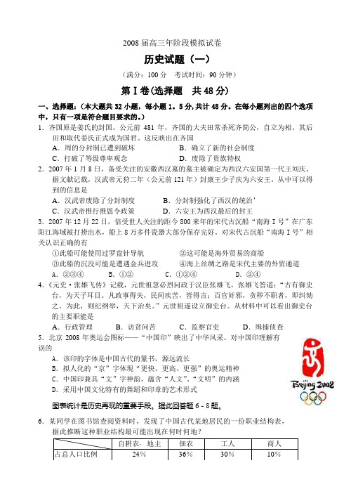 2008届高三年阶段模拟试卷历史试题(一)