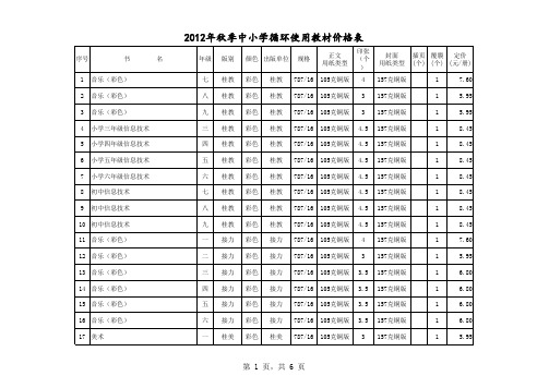 2012年秋季中小学循环使用教材价格表