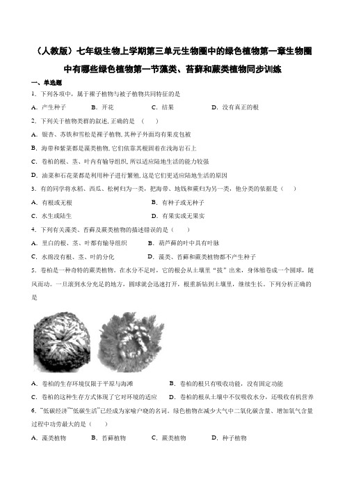 (人教版)七年级生物上学期第三单元生物圈中的绿色植物第一章生物圈中有哪些绿色植物第一节藻类、苔藓和蕨