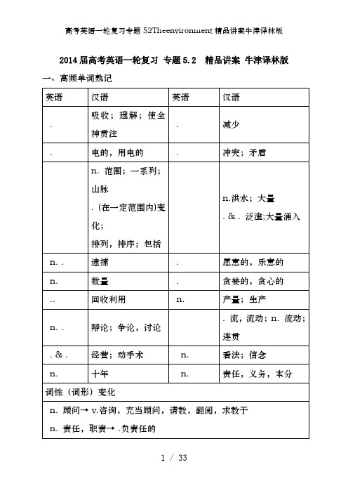高考英语一轮复习专题52Theenvironment精品讲案牛津译林版