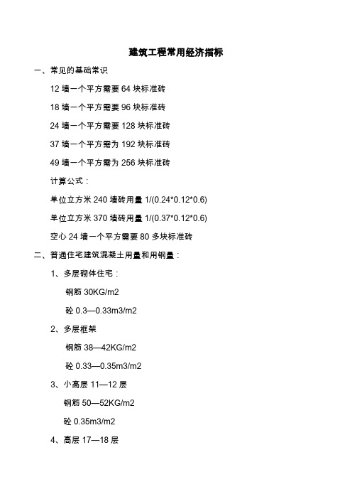 建筑工程常用经济指标范文