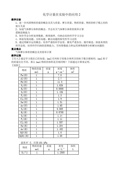 高中化学化学计量在实验中的应用教案2新课标 人教版 必修1