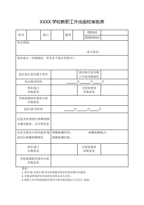 XX学校教职工外出返校审批表