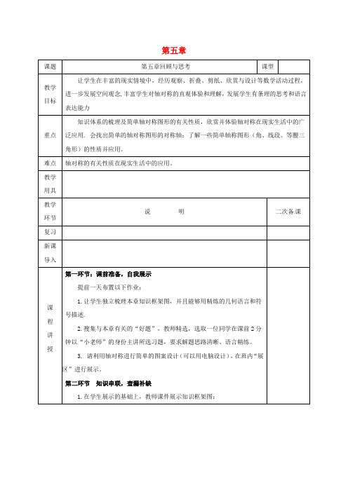 河北省邯郸市肥乡县七年级数学下册 第五章 生活中的轴对称回顾与思考教案 (新版)北师大版