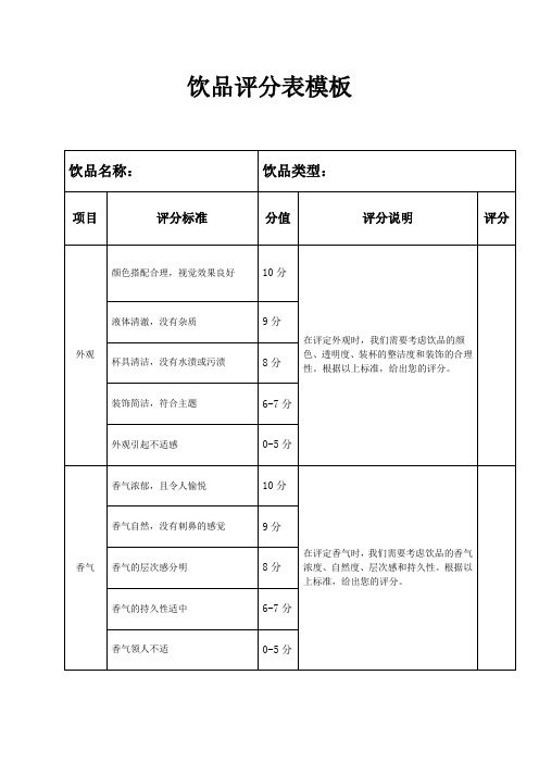 饮品评分表模板