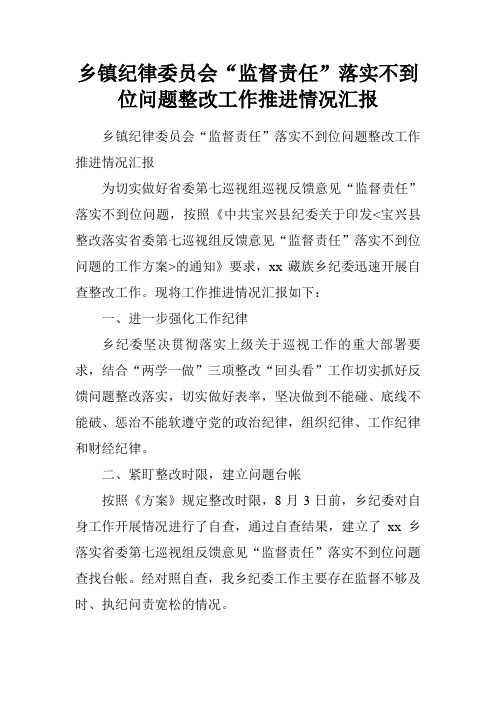 乡镇纪律委员会“监督责任”落实不到位问题整改工作推进情况汇报