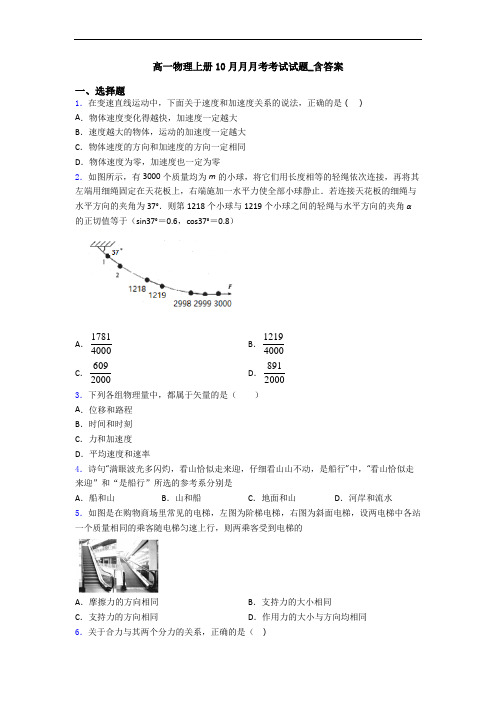 高一物理上册10月月月考考试试题_含答案