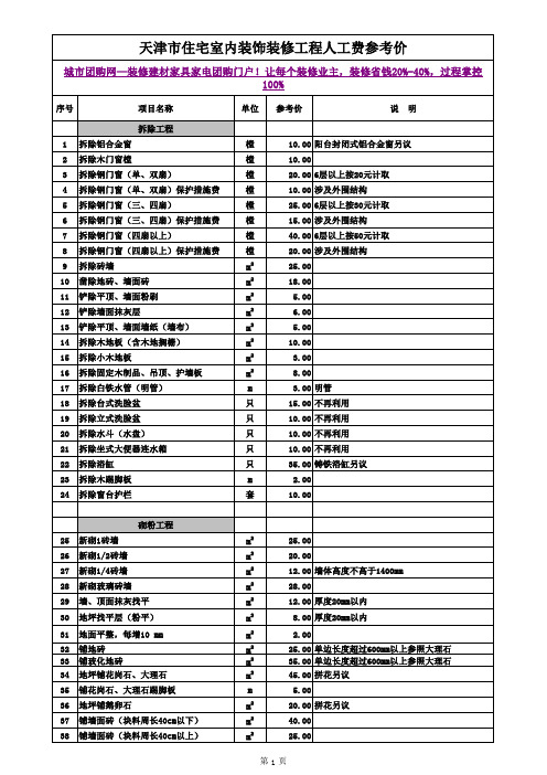 天津市人工费参考表