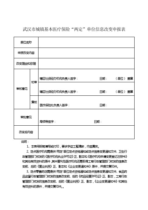 武汉市城镇基本医疗保险“两定”单位信息改变申报表
