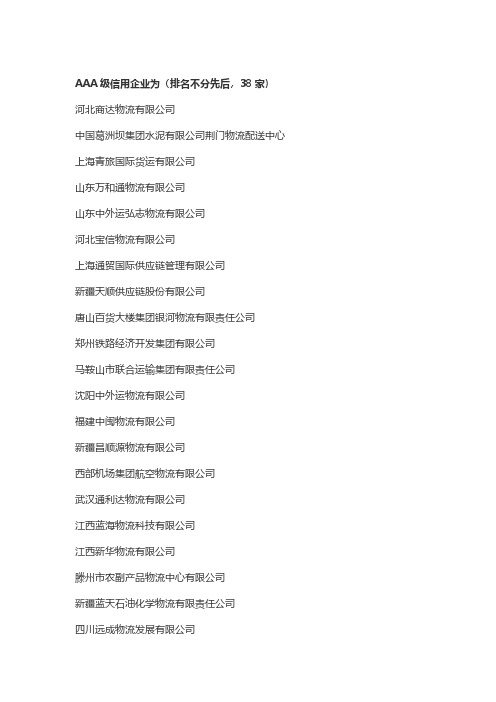 中国物流采购与联合会第二十四批物流企业信用评价A级信用企业名单