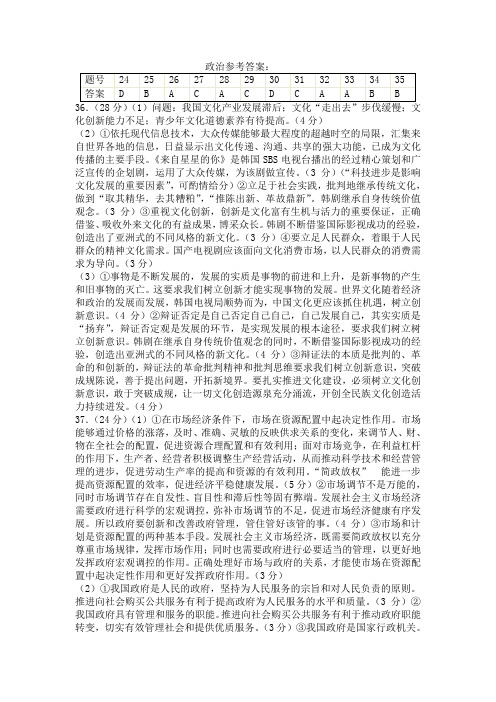 2015高考前测试 文综试题卷 参考答案