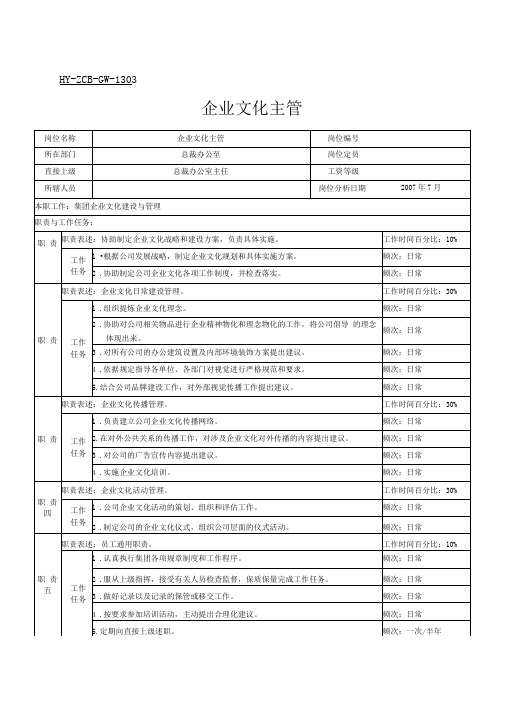 企业文化主管岗位说明书