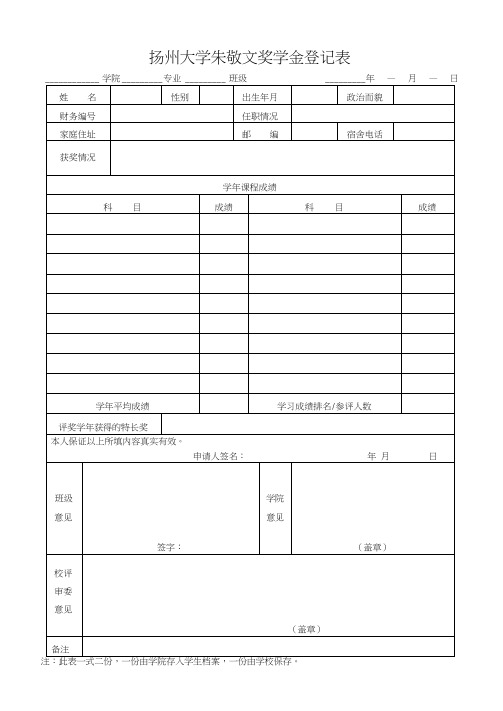 各类评奖评优登记表