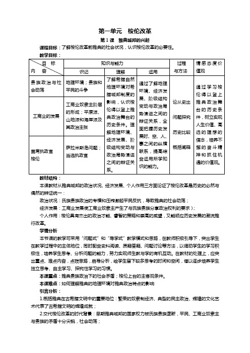 历史选修1人教新课标第一单元第1课雅典城邦的兴起教案