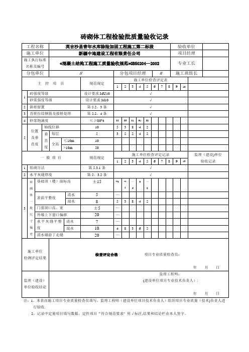 砖砌体工程检验批质量验收记录表