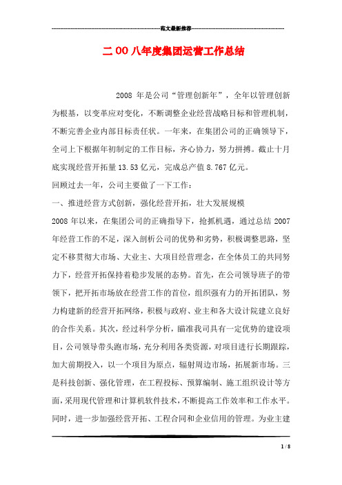 二00八年度集团运营工作总结