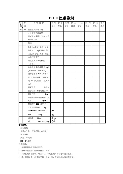 PICU医嘱常规