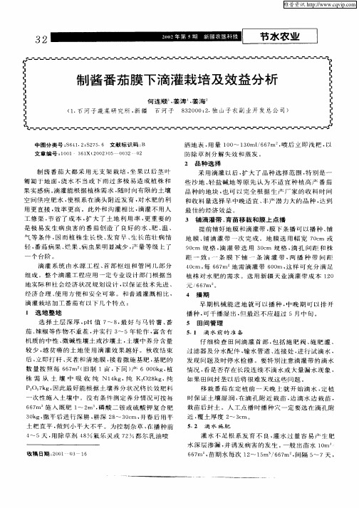 制酱番茄膜下滴灌栽培及效益分析