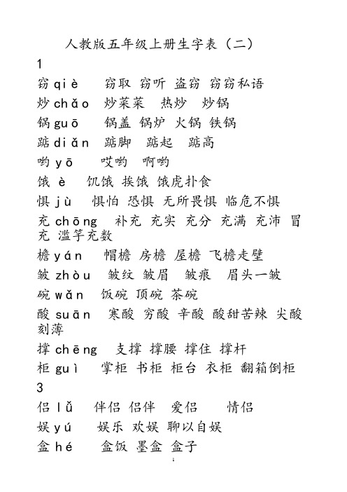 人教版五年级上册生字表(二)组词(带拼音)
