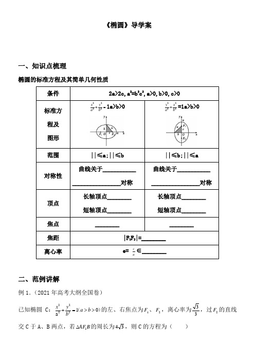 高中数学新人教版A版精品教案《《椭圆》复习导学案》