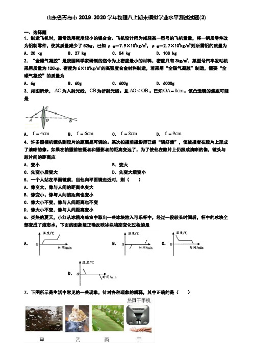 山东省青岛市2019-2020学年物理八上期末模拟学业水平测试试题(2)