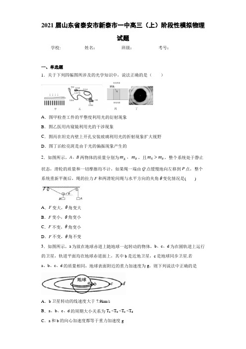 2021届山东省泰安市新泰市一中高三(上)阶段性模拟物理试题