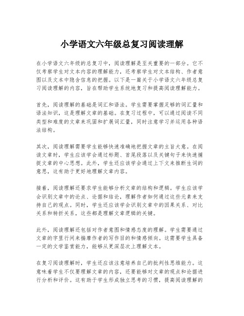 小学语文六年级总复习阅读理解