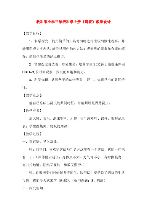 教科版小学三年级科学上册《蚂蚁》教学设计