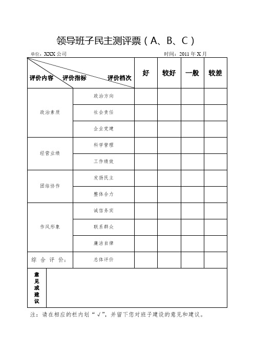 领导班子及领导人员民主测评票票样