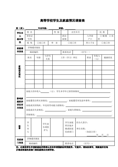 (贫困助学)家庭情况调查表、国家助学金申请表、认定表、承诺书、家庭贫困证明