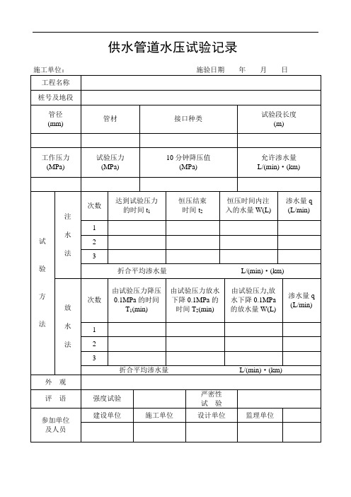 试验表供水管道水压试验记录