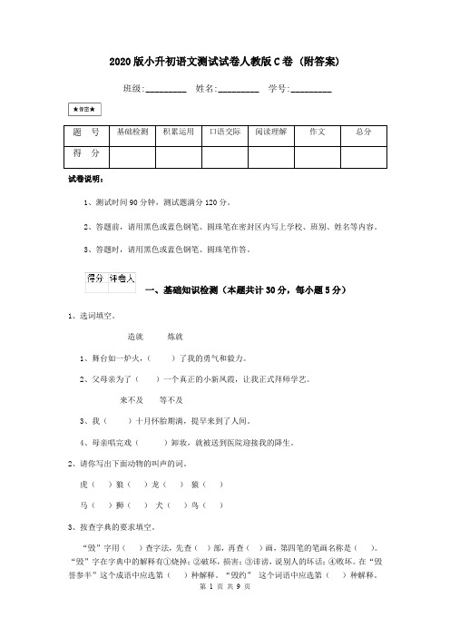 2020版小升初语文测试试卷人教版C卷 (附答案)