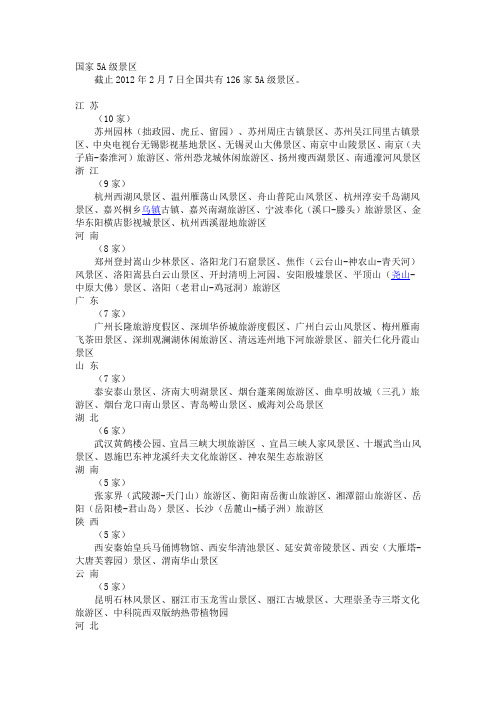 国家5A级景区一览表