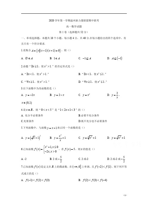 浙江省温州新力量联盟2020-2021学年高一上学期期中联考数学试题 含答案