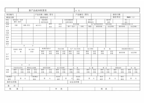 新产品成本核算表