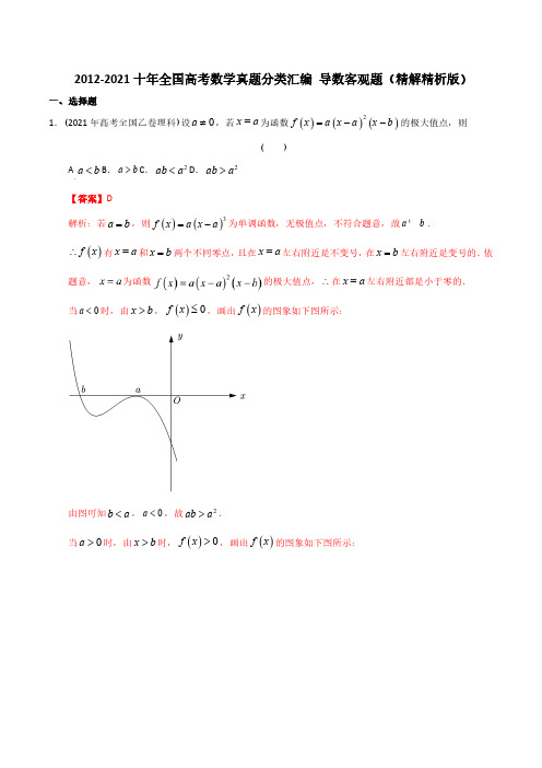 2012年-2021年(10年)全国高考数学真题分类汇编 导数客观题(精解精析版)