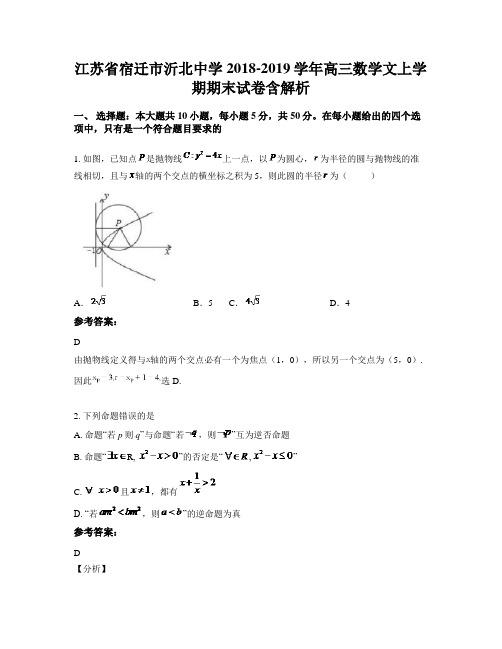 江苏省宿迁市沂北中学2018-2019学年高三数学文上学期期末试卷含解析