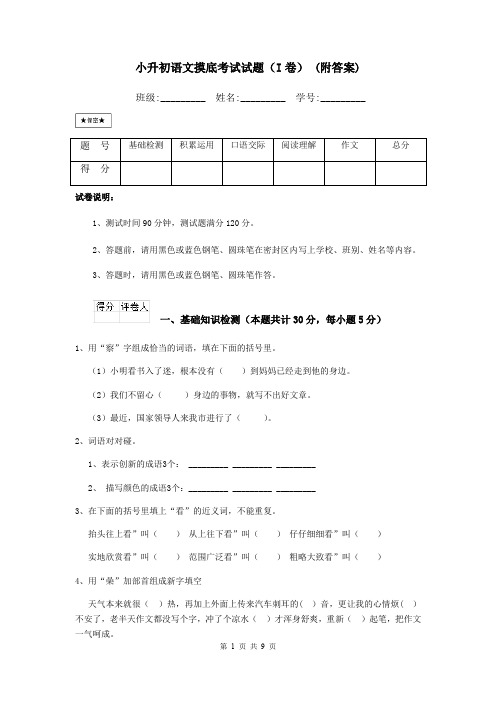 小升初语文摸底考试试题(I卷) (附答案)