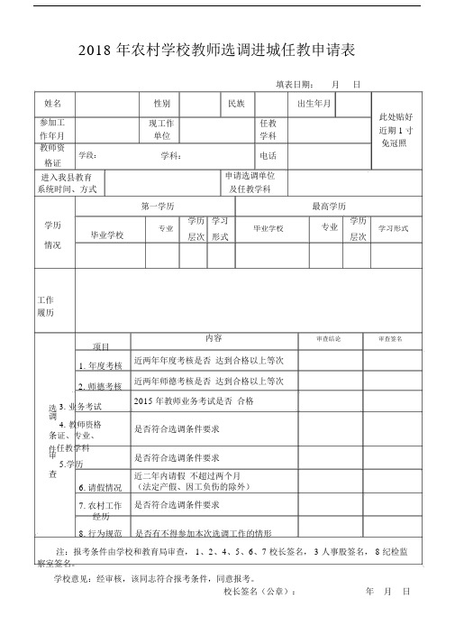 2018年农村学校教师选调进城任教申请表.doc