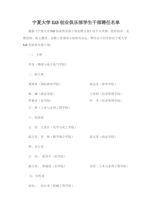 宁夏大学KAB创业俱乐部学生干部聘任名单