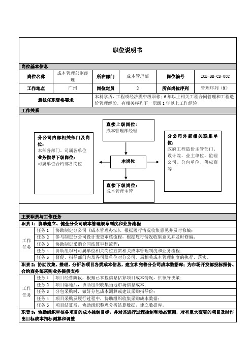 成本管理部副经理职位说明书