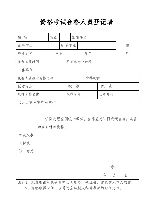 资格考试合格人员登记表