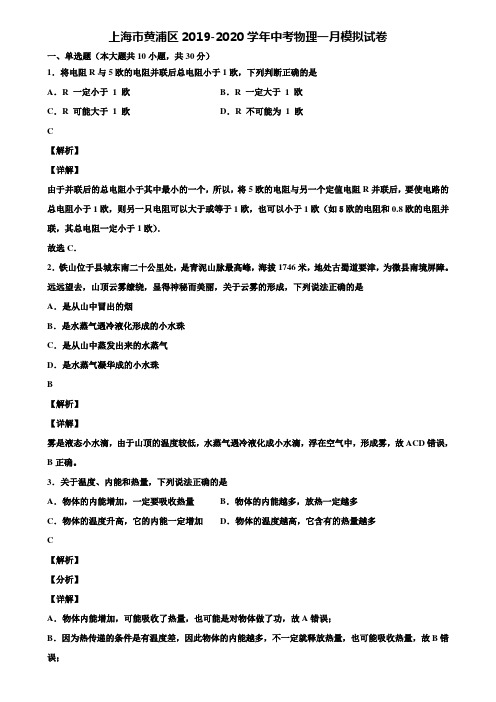 上海市黄浦区2019-2020学年中考物理一月模拟试卷含解析