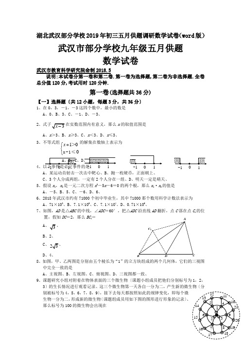 湖北武汉部分学校2019年初三五月供题调研数学试卷(word版)